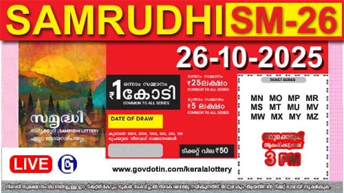 Kerala Lottery Result of Today Samrudhi (SM-26) 26.10.2025