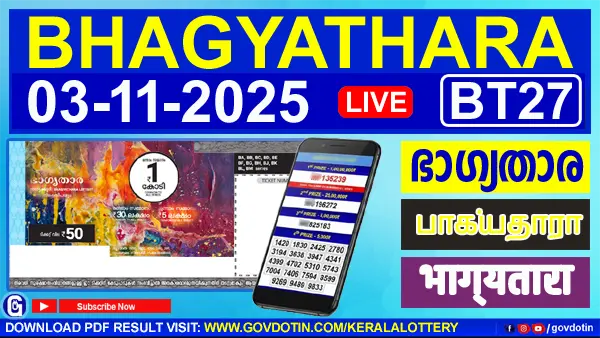 Kerala Lottery Result of Today Bhagyathara (BT-27) 03.11.2025