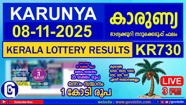 Kerala Lottery Result of Today Karunya (KR-730) 08.11.2025