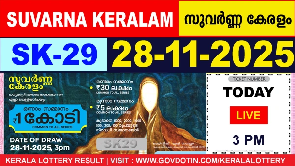 Kerala Lottery Result of Today Suvarna Keralam SK29 28.11.2025