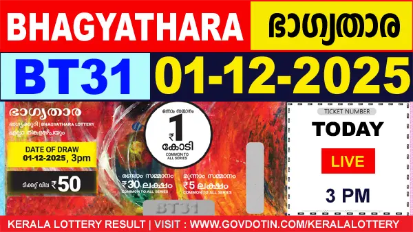 Kerala Lottery Result of Today Bhagyathara (BT-31) 01.12.2025
