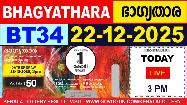 Kerala Lottery Result of Today Bhagyathara (BT-34) 22.12.2025