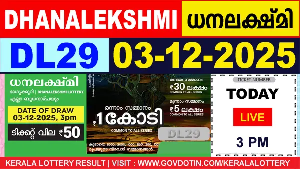 Kerala Lottery Result of Today Dhanalekshmi (DL-29) 03.12.2025