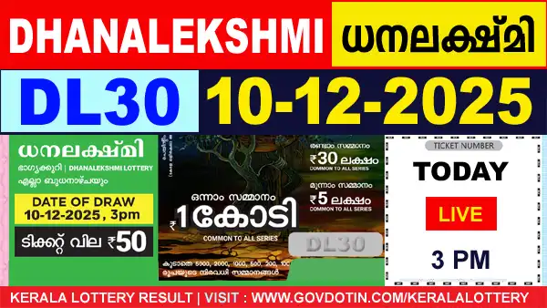 Kerala Lottery Result of Today Dhanalekshmi (DL-30) 10.12.2025