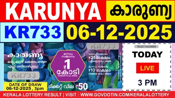 Kerala Lottery Result of Today Karunya (KR-733) 06.12.2025