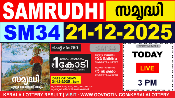 Kerala Lottery Result of Today Samrudhi (SM-34) 21.12.2025
