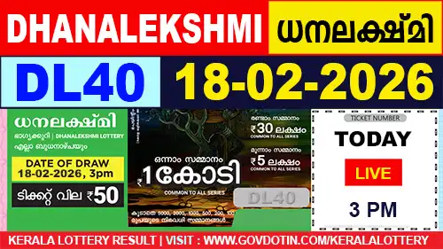 Kerala Lottery Result of Today Dhanalekshmi (DL-40) 18.02.2026