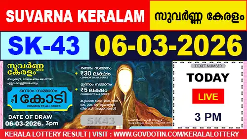 Kerala Lottery Result of Today Suvarna Keralam SK43 06.03.2026
