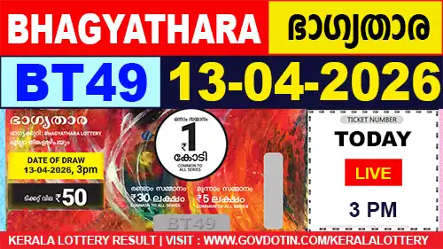 Kerala Lottery Result of Today Bhagyathara (BT-49) 13.04.2026