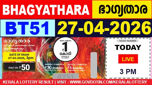 Kerala Lottery Result of Today Bhagyathara (BT-51) 27.04.2026