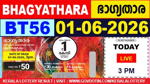Kerala Lottery Result of Today Bhagyathara (BT-56) 01.06.2026