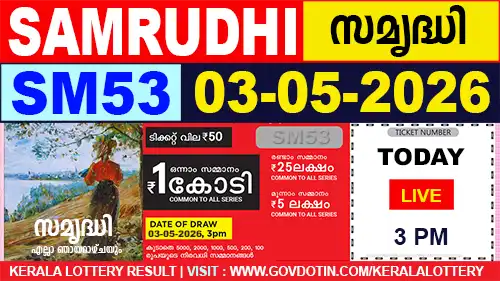 Kerala Lottery Result of Today Samrudhi (SM-53) 03.05.2026