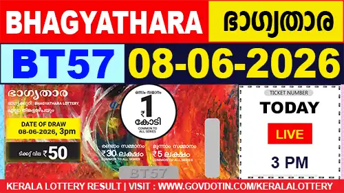 Kerala Lottery Result of Today Bhagyathara (BT-57) 08.06.2026