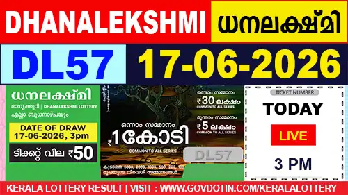 Kerala Lottery Result of Today Dhanalekshmi (DL-57) 17.06.2026