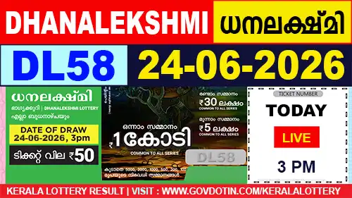 Kerala Lottery Result of Today Dhanalekshmi (DL-58) 24.06.2026