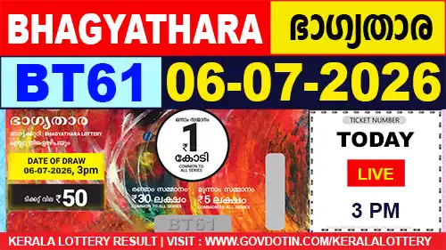 Kerala Lottery Result of Today Bhagyathara (BT-61) 06.07.2026