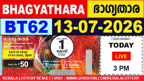 Kerala Lottery Result of Today Bhagyathara (BT-62) 13.07.2026