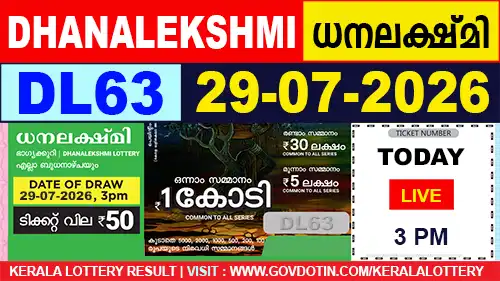 Kerala Lottery Result of Today Dhanalekshmi (DL-63) 29.07.2026