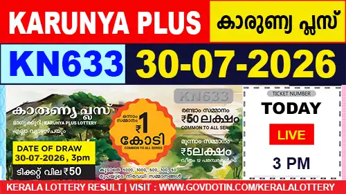Kerala Lottery Result of Today Karunya Plus (KN-633) 30.07.2026