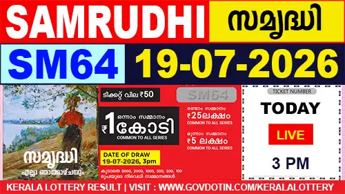 Kerala Lottery Result of Today Samrudhi (SM-64) 19.07.2026