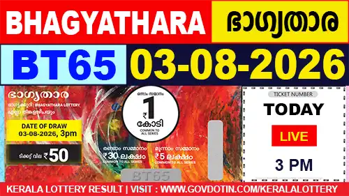 Kerala Lottery Result of Today Bhagyathara (BT-65) 03.08.2026