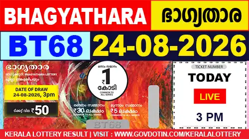 Kerala Lottery Result of Today Bhagyathara (BT-68) 24.08.2026