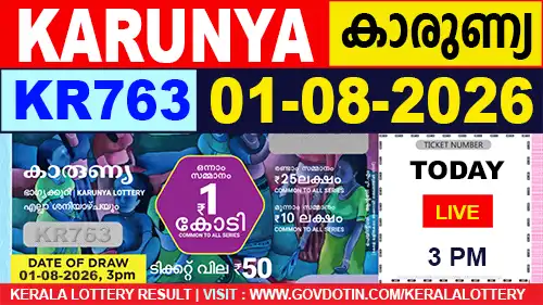 Kerala Lottery Result of Today Karunya (KR-763) 01.08.2026