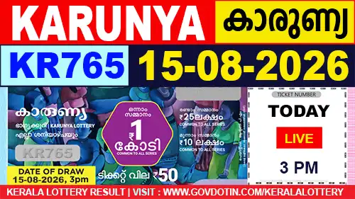 Kerala Lottery Result of Today Karunya (KR-765) 15.08.2026