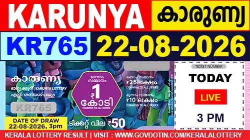 Kerala Lottery Result of Today Karunya (KR-765) 22.08.2026