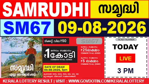 Kerala Lottery Result of Today Samrudhi (SM-67) 09.08.2026