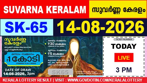 Kerala Lottery Result of Today Suvarna Keralam SK65 14.08.2026